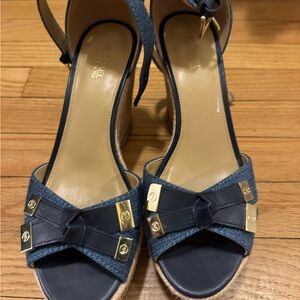 Michael Kors Denim and Navy Leather Wedge Sandals with Gold Accents